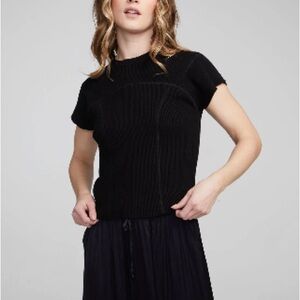 CHASER Nahal Black Ribbed Viscose Shirt - Short Sleeve Top in Shadow Black Tee